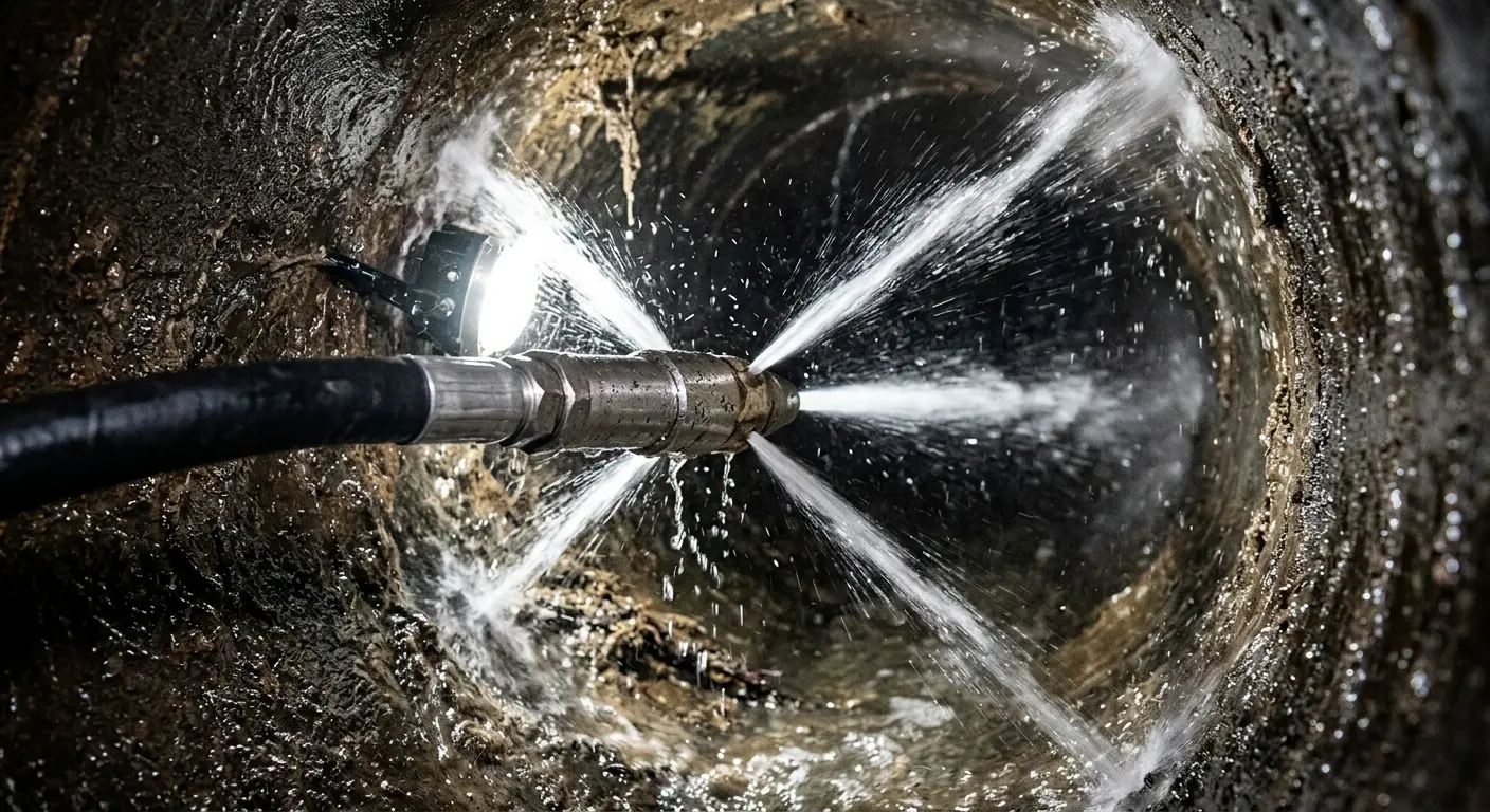 High-pressure hydro jetting nozzle cleaning sewer pipe for Sewer Cleanout in San Leon