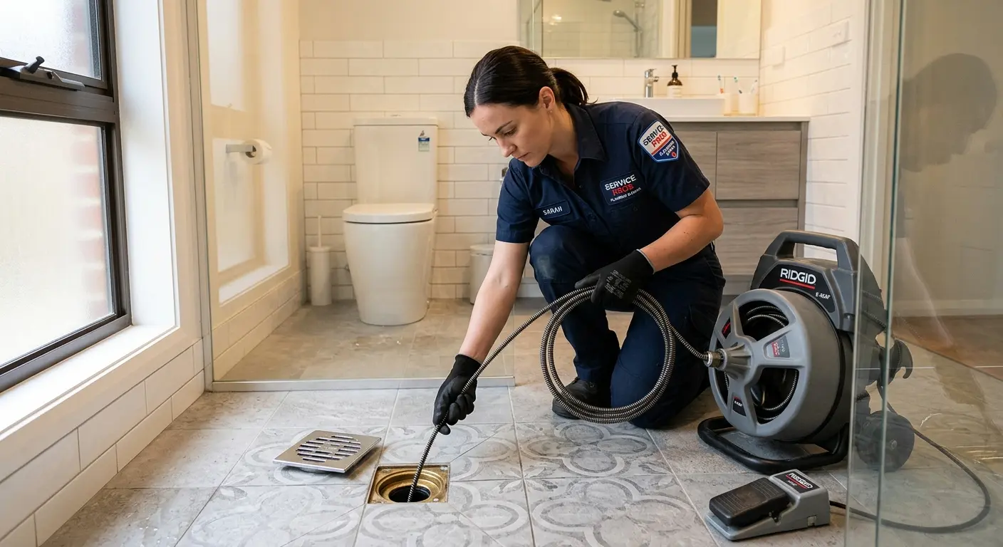 Technician clearing a bathroom floor drain for Clogged Drain Repair in San Leon